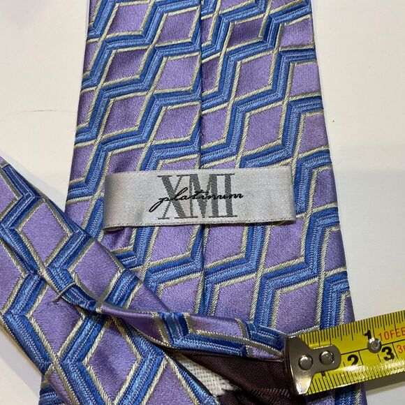 XMI Platinum Men's Tie Blue Purple Geometric Italian Silk Handmade in USA 60” - Picture 4 of 8